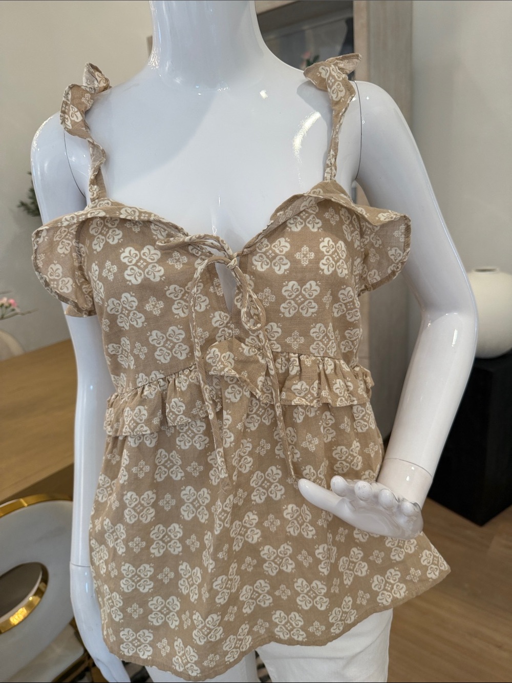 Beige Floral Ruffle Tie-Front Women’s Tank Top